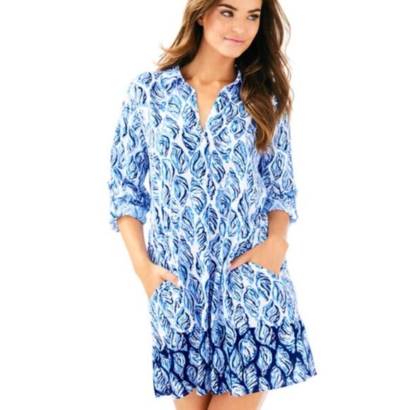 Lilly Pulitzer Blue Pop Up Coronado Crab Seashells Lillith Tunic Dress Size XXS - Picture 1 of 13